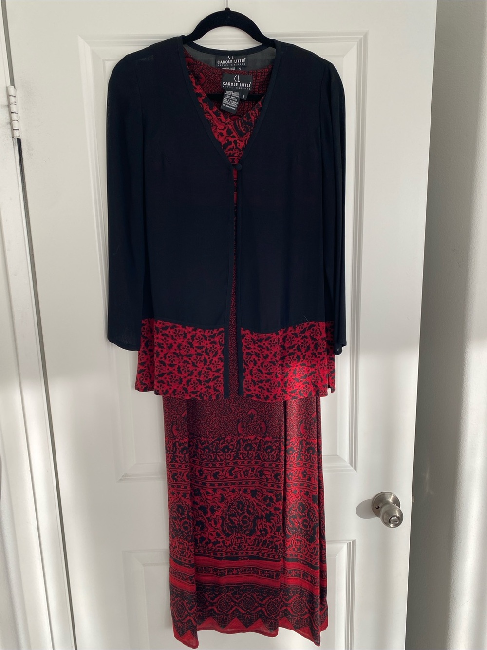 Carole Little Black Sheer Jacket with Red Patterned Dress